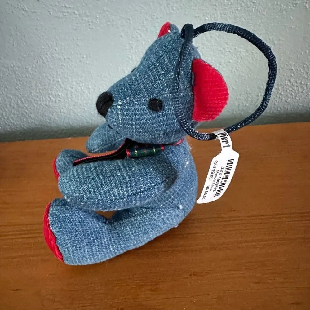 New Pier 1 Imports Denim Blue Jean Teddy Bear Ornament Gingham Plaid Bowtie 4.5”